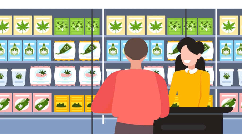 man buying cbd products modern cannabis shop interior marijuana legalization drugs consumption concept horizontal portrait vector illustration